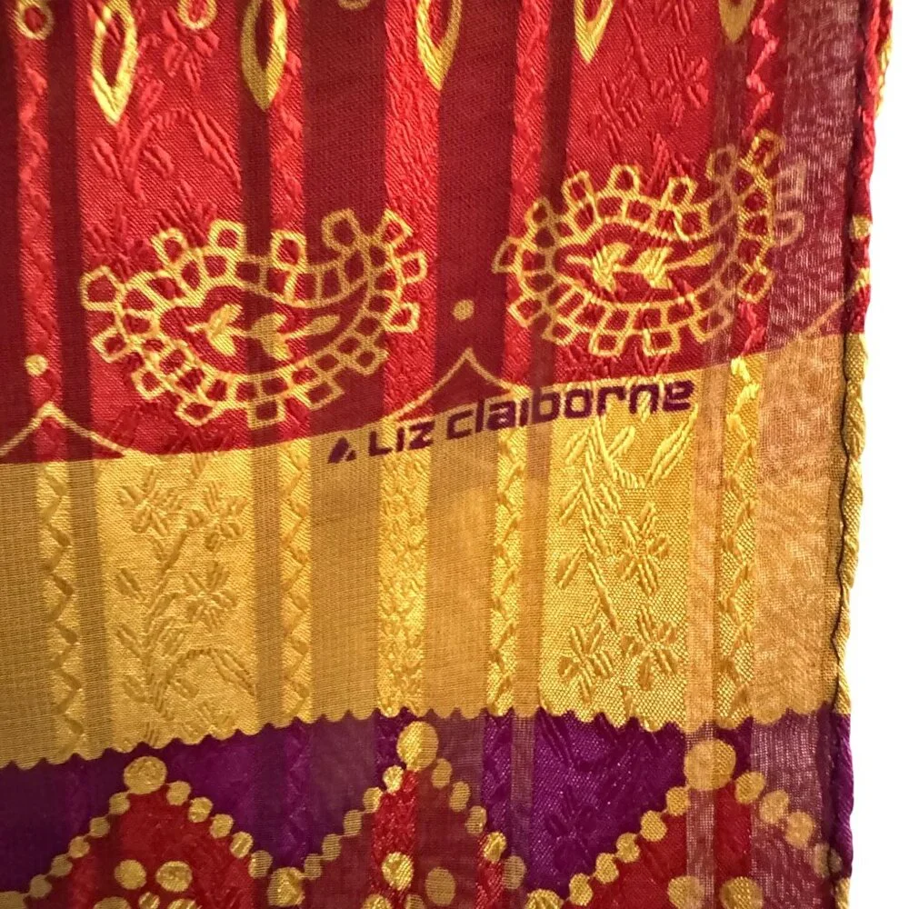 Vintage Liz Claiborne Floral‎ Stripe Scarf Black Red Gold Lightweight Wrap
